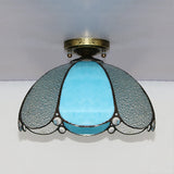 Scalloped Vintage Stained Glass Flush Mount Light - 1 In White/Beige/Blue Perfect For Living Room