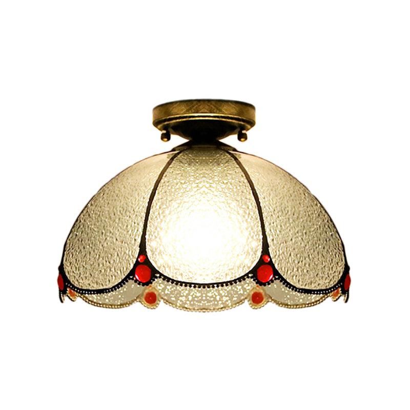Scalloped Vintage Stained Glass Flush Mount Light - 1 In White/Beige/Blue Perfect For Living Room