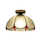 Scalloped Vintage Stained Glass Flush Mount Light - 1 In White/Beige/Blue Perfect For Living Room