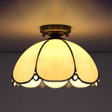 Scalloped Vintage Stained Glass Flush Mount Light - 1 In White/Beige/Blue Perfect For Living Room