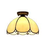 Scalloped Vintage Stained Glass Flush Mount Light - 1 In White/Beige/Blue Perfect For Living Room