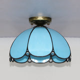 Scalloped Vintage Stained Glass Flush Mount Light - 1 In White/Beige/Blue Perfect For Living Room