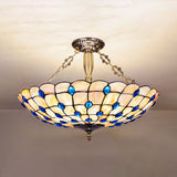 Stained Glass Semi Flush Ceiling Light With Jewel Decoration - Retro Style Yellow/Beige Various