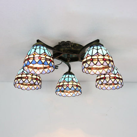 Baroque Semi Flush Stained Glass Bowl Ceiling Light - Blue | 5-Light Dining Room Lighting