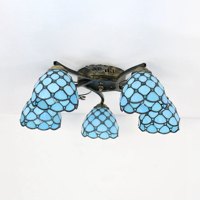 Tiffany Dome Fish Scale Stained Glass Semi Flushmount Light Fixture (5 Lights) - Ideal For Bedrooms