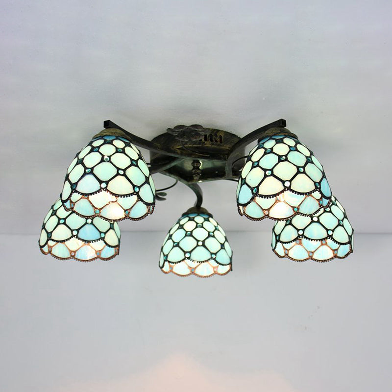 Tiffany Dome Fish Scale Stained Glass Semi Flushmount Light Fixture (5 Lights) - Ideal For Bedrooms