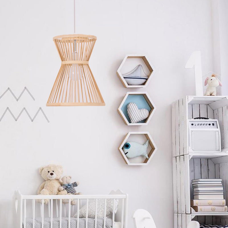 Asian Style Hourglass Pendant Lamp - Bamboo 1 Bulb Beige Suspension Light For Foyer