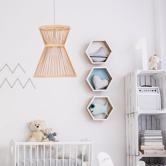 Asian Style Bamboo Pendant Lamp: Hourglass Shape Beige Suspension Light For Foyer