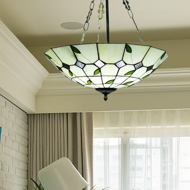 Retro Style Stained Glass Chandelier - 12’/16’/19.5’ W Bowl Shade Ceiling Pendant With Leaf