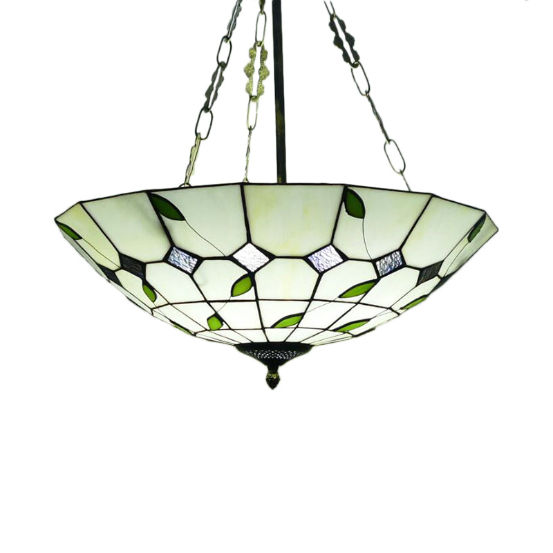 Retro Style Stained Glass Chandelier - 12’/16’/19.5’ W Bowl Shade Ceiling Pendant With Leaf