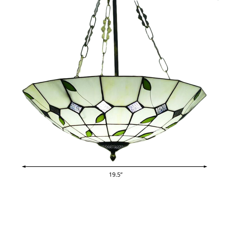 Retro Style Stained Glass Chandelier - 12’/16’/19.5’ W Bowl Shade Ceiling Pendant With Leaf
