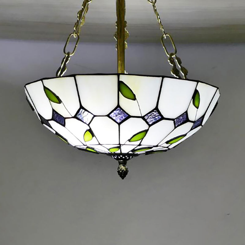 Retro Style Stained Glass Chandelier - 12’/16’/19.5’ W Bowl Shade Ceiling Pendant With Leaf