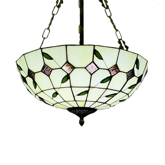 Retro Style Stained Glass Bowl Pendant Chandelier In Beige With Leaf Pattern - Ideal For Dining Room