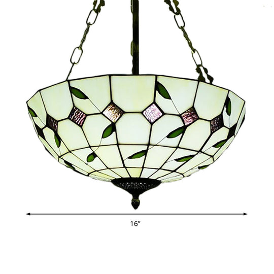Retro Style Stained Glass Bowl Pendant Chandelier In Beige With Leaf Pattern - Ideal For Dining Room