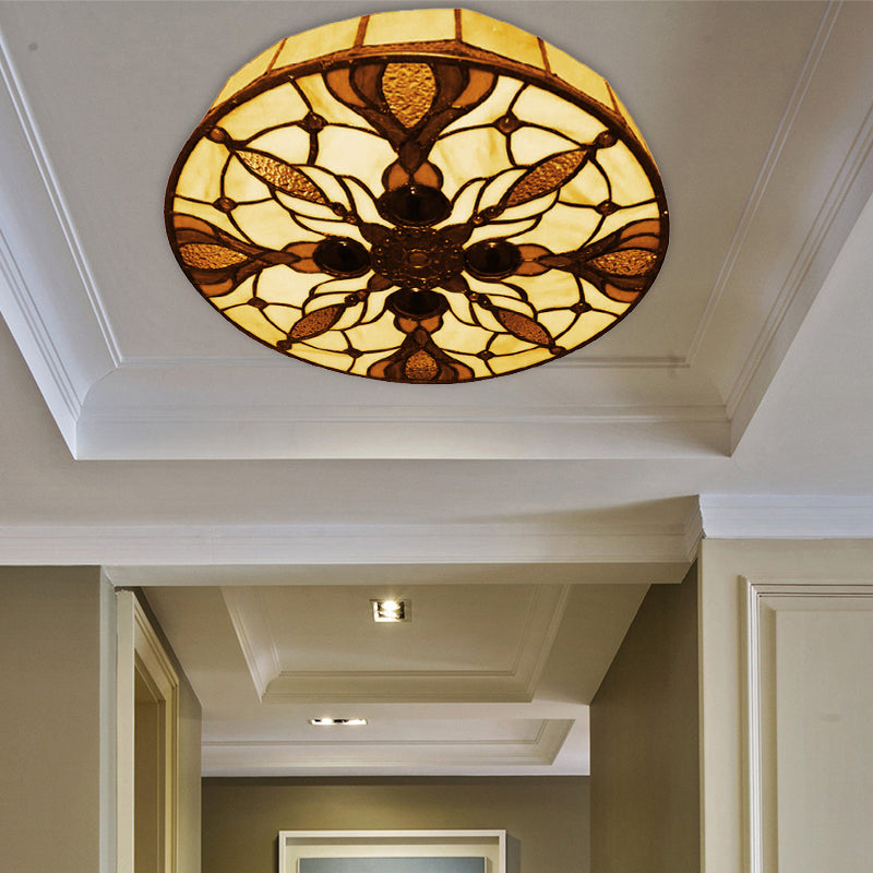 Vintage Stained Glass Flushmount Ceiling Light With Peacock Tail Pattern In Beige - 2 Lights