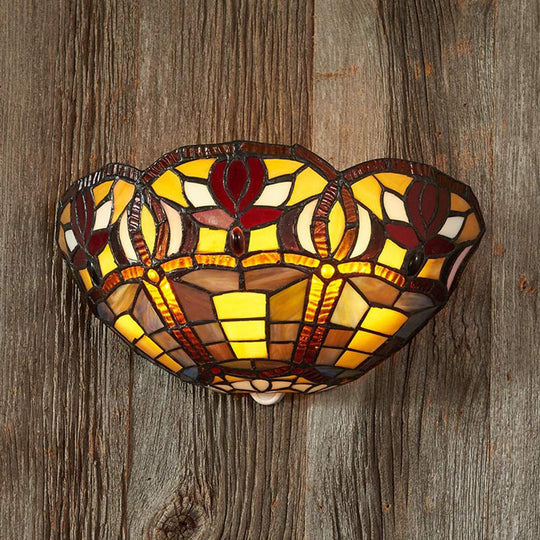 Rustic Tiffany Art Glass Bowl Wall Sconce Lamp - Corridor Lighting Red Brown Shade