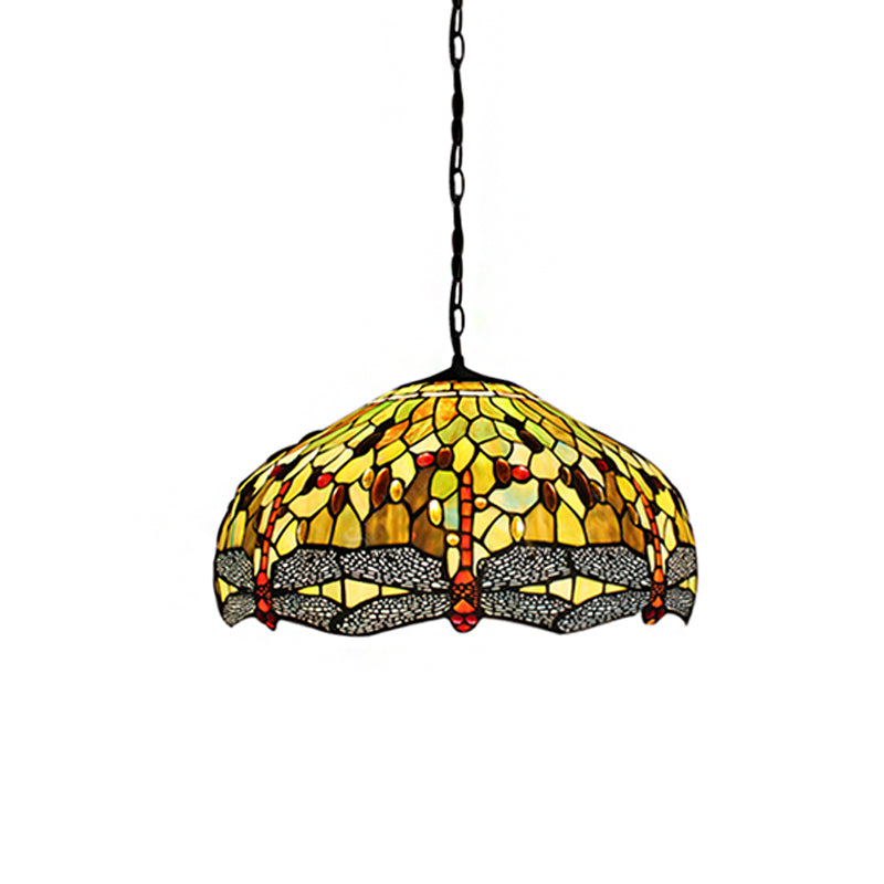 Tiffany-Style Domed Pendant Light With Dragonfly Pattern - Yellow Stained Glass 2 Bulbs