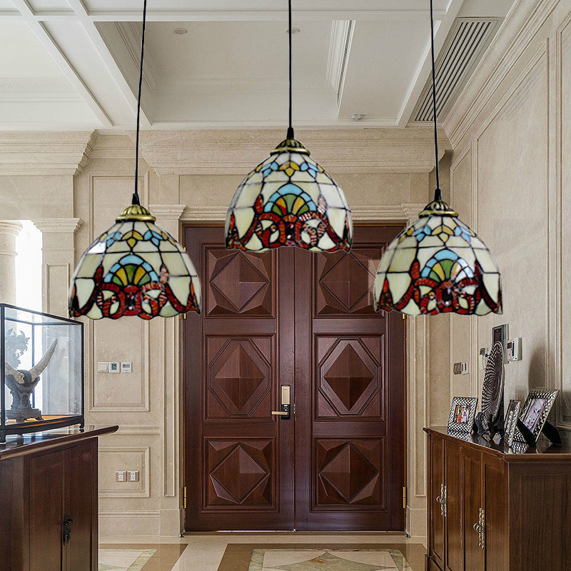Baroque Style Stained Glass Pendant With 3 Lights - Brown/Black Linear Ceiling Fixture For Dining
