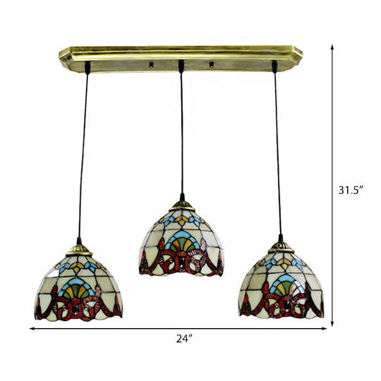 Baroque Style Stained Glass Pendant With 3 Lights - Brown/Black Linear Ceiling Fixture For Dining