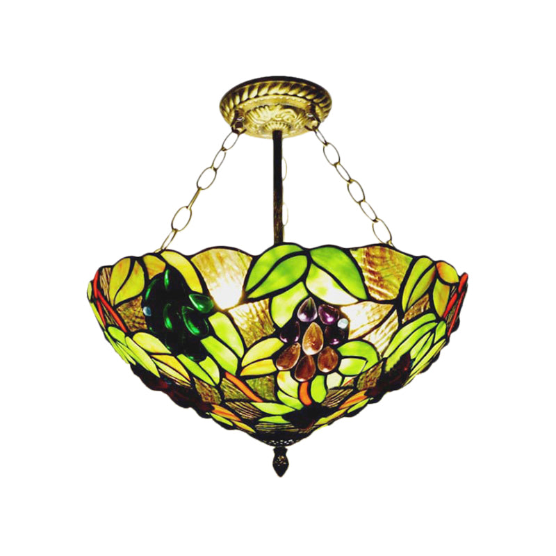 Retro-Style Green Stained Glass Semi-Flush Ceiling Light With 3 Lights