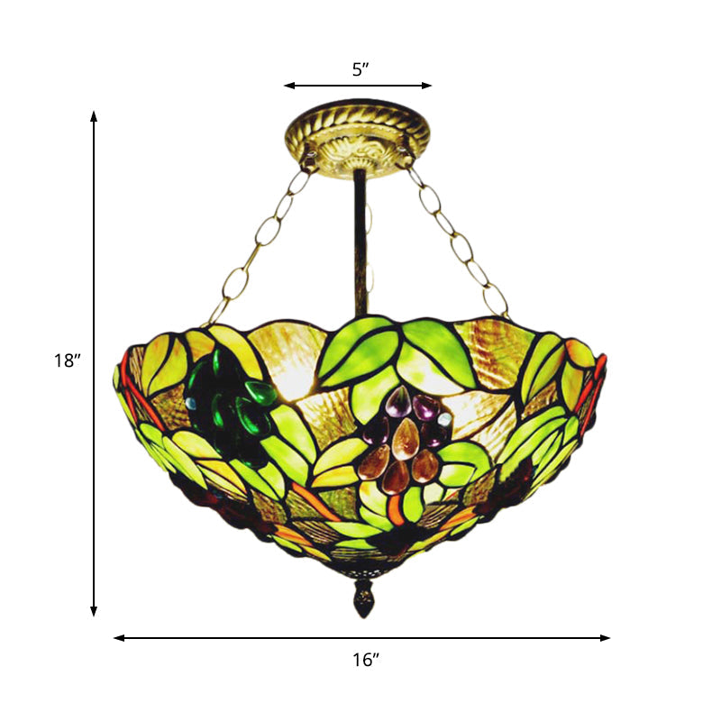 Retro-Style Green Stained Glass Semi-Flush Ceiling Light With 3 Lights