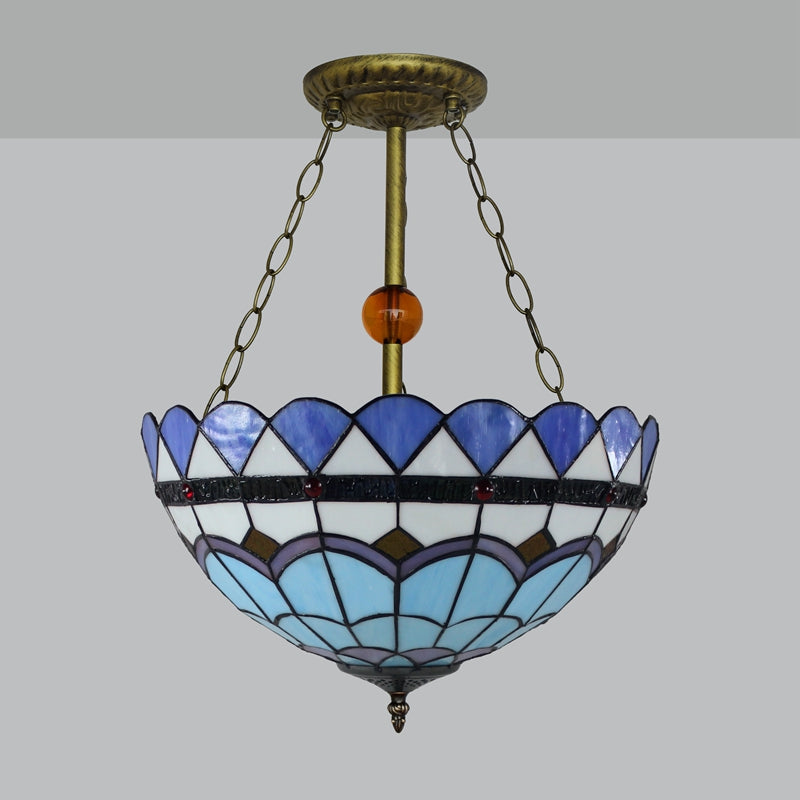 Blue Stained Glass Semi Flush Mount With Inverted Bowl Shade - Mediterranean Style