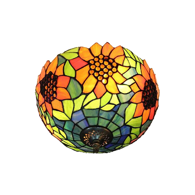 Orange Bowl Stained Glass Ceiling Light Fixture - Splendid Flushmount With Flower Pattern For