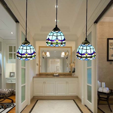 Vintage Stained Glass Bowl Ceiling Fixture - Blue Pendant With 3 Decorative Hanging Lights / Linear