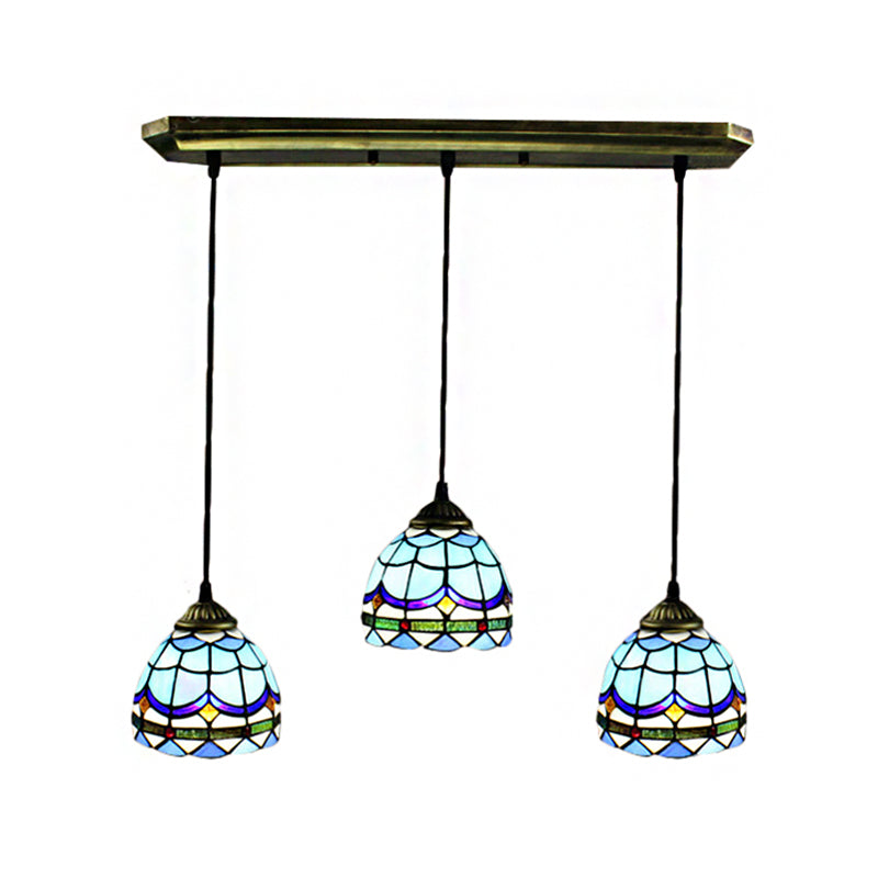 Vintage Stained Glass Pendant: Bowl Ceiling Fixture With 3 Blue Decorative Lights