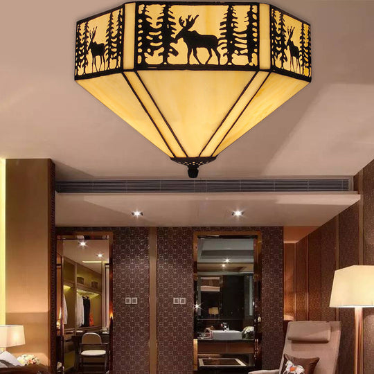 Retro Style Geometric Stained Glass Flush Mount Ceiling Light In White - Elegant 1/2 Flushmount /