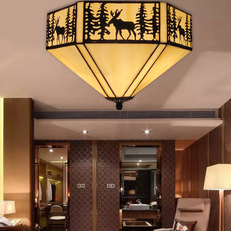 Retro Style Geometric Stained Glass Flush Mount Ceiling Light In White - Elegant 1/2 Flushmount / 11