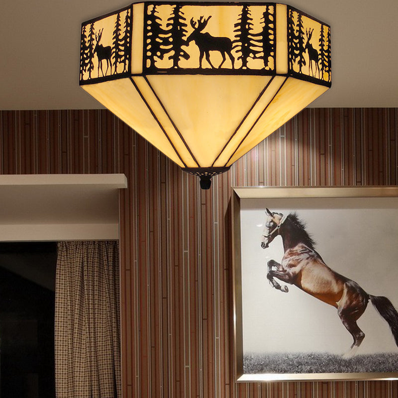 Retro Style Geometric Stained Glass Flush Mount Ceiling Light In White - Elegant 1/2 Flushmount