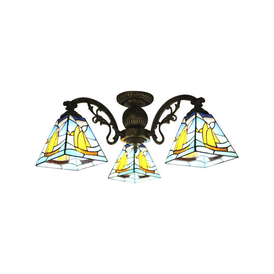 Colorful Lodge Geometric Chandelier Light: Stained Glass Inverted Yellow And Blue Pendant For