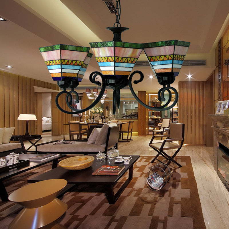 Tiffany Stained Glass Pink Pyramid Pendant Light With 6 Lights - Creative Chandelier For Bedroom