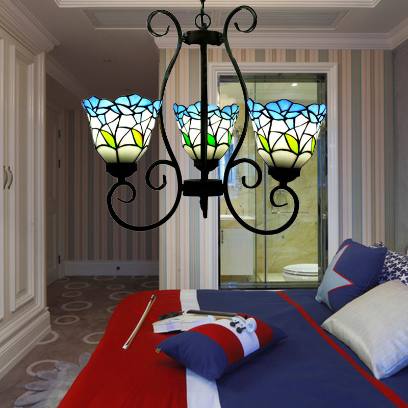 Rustic Blue Stained Glass Chandelier With Flared Pendant Lighting – Perfect For Living Room
