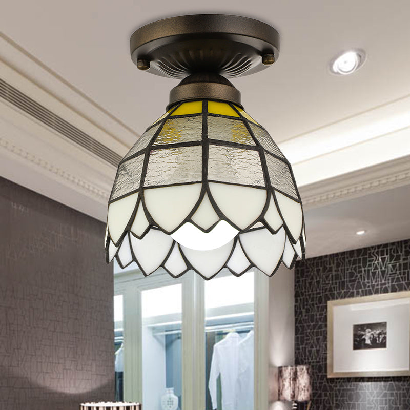 Vintage Stained Glass Domed Flush Mount Light Fixture For Bedroom Clear
