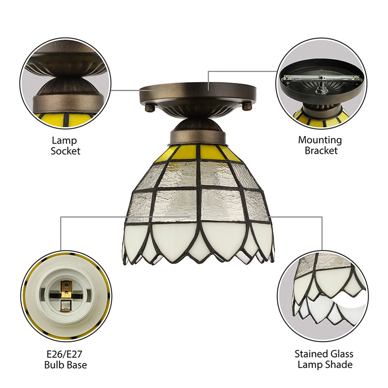Vintage Stained Glass Domed Flush Mount Light Fixture For Bedroom