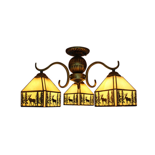 Small Tiffany Style Stained Glass Chandelier In Beige