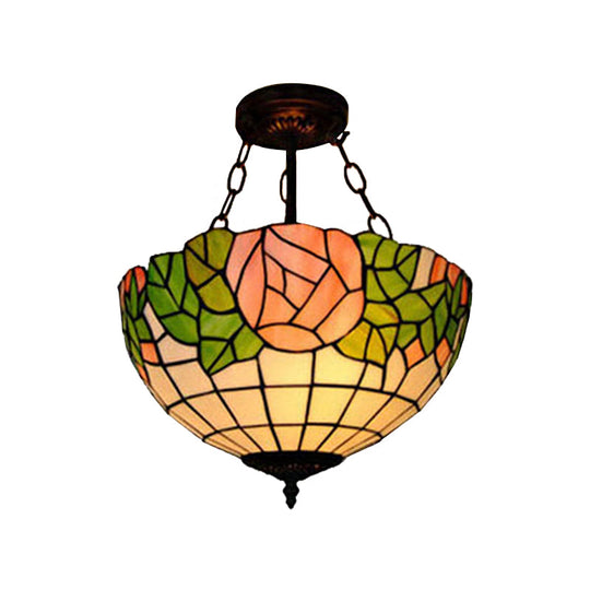 Tiffany Style Pink Glass Pendant Light - 2/3 Lights Bowl Suspended Fixture For Living Room