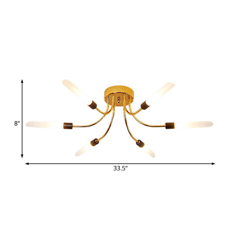 Contemporary Metal Sputnik Semi Flush Mount Lamp With White Glass Tube Shade - 6/8 Led Gold Lights