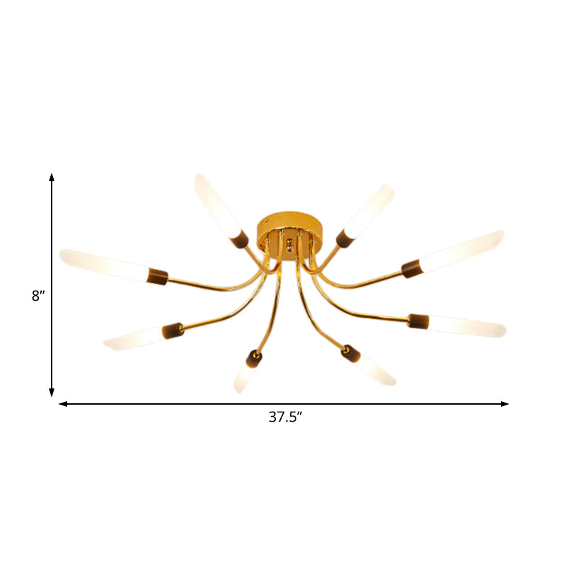 Contemporary Metal Sputnik Semi Flush Mount Lamp With White Glass Tube Shade - 6/8 Led Gold Lights