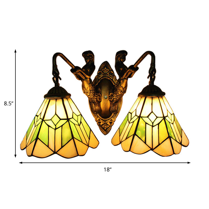 Tiffany Green And White Glass Conical Wall Sconce Light With Aged Brass Finish - 2 Head Fixture