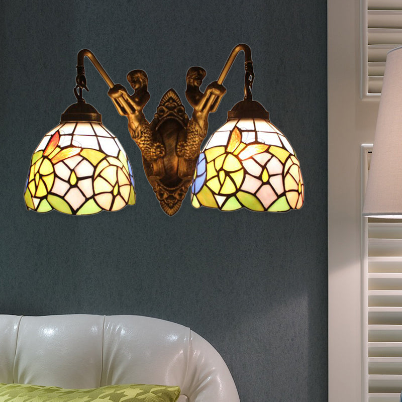 Tiffany Dragonfly/Butterfly Multicolor Glass Bowl Wall Mount Light - 2 Head Bronze Sconce