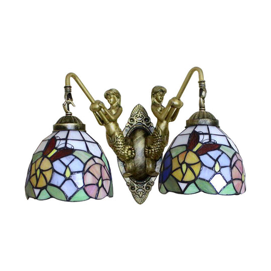 Tiffany Dragonfly/Butterfly Multicolor Glass Bowl Wall Mount Light - 2 Head Bronze Sconce