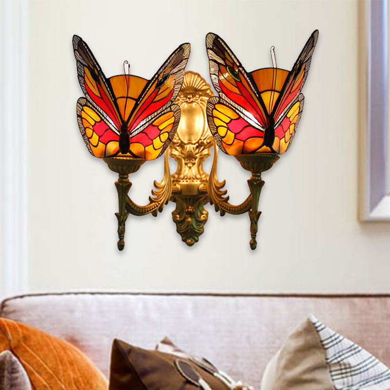 Retro Style Stained Glass Butterfly Wall Sconce - Colorful 2-Light Fixture For Stairway Orange