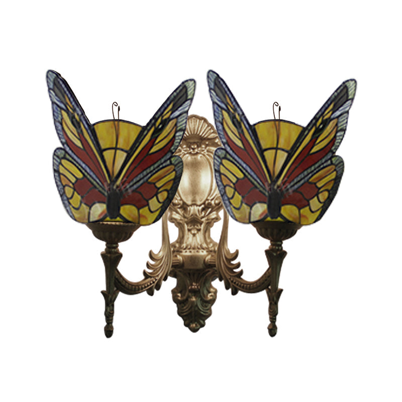 Retro Style Stained Glass Butterfly Wall Sconce - Colorful 2-Light Fixture For Stairway