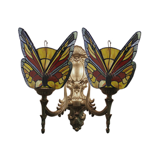 Retro Style Stained Glass Butterfly Wall Sconce - Colorful 2-Light Fixture For Stairway