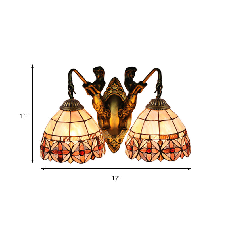 Mermaid Backplate Sconce Light Fixture With 2 Beige Tiffany Bowl Shell Heads