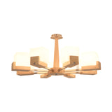 Modern Wood Radial Semi Flush Ceiling Lamp With White Glass Shade - 3/5/8 Lights Beige Fixture