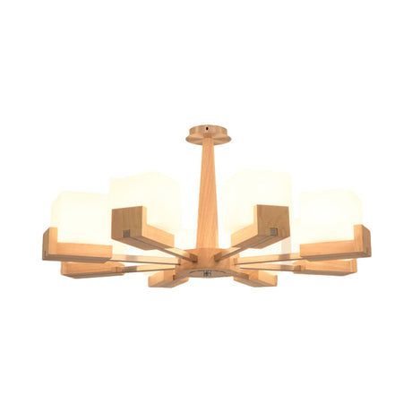 Modern Wood Radial Semi Flush Ceiling Lamp With White Glass Shade - 3/5/8 Lights Beige Fixture
